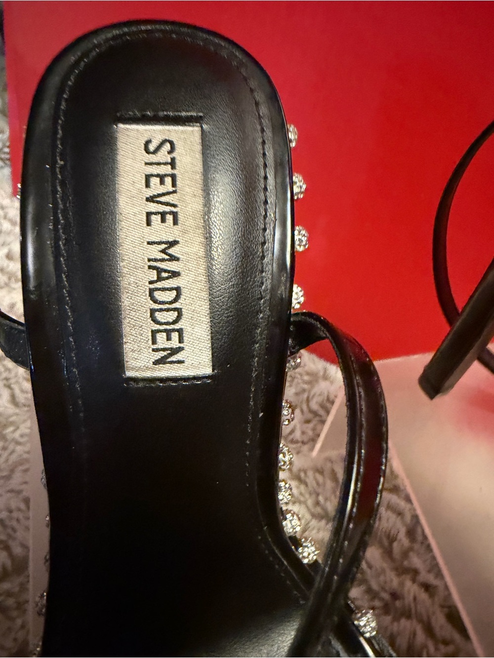 Steve Madden Zelle Black Rhinestone embellished Square Toe High Heel Sandals - Picture 7 of 9